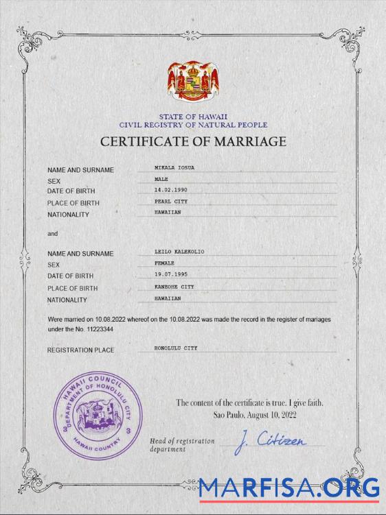 Downloadable Hawaii marriage certificate PSD template